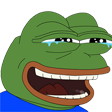 Frog face with a wide, open-mouthed grin and tears streaming from its eyes.