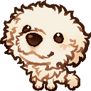 A fluffy white puppy with large dark eyes staring directly ahead with a blank expression.