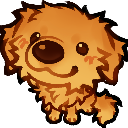 A fluffy golden puppy with a large head and wide, curious eyes looks directly ahead.