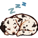 A small dalmatian puppy curled into a ball and sleeping peacefully.
