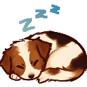 A small brown and white puppy curled up in a ball with its eyes closed, sleeping peacefully.