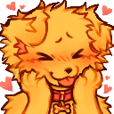A fluffy golden puppy with a shy, blushing expression and its tongue sticking out, surrounded by floating pink hearts.