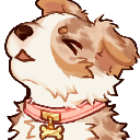 A small brown and white puppy with a pink collar howling with its eyes closed in a happy expression.