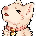 A cute white puppy with a pink collar howling with its eyes closed.