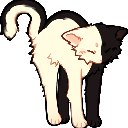A small pixel art cat with a black and white coat stretching its back with eyes closed.