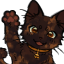 A dark-furred kitten with large brown eyes and a gold collar waving its paw.