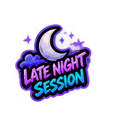 A stylized purple and blue graphic featuring a crescent moon, a cloud, and the text Late Night Session.