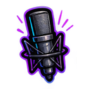 A studio microphone surrounded by a glowing purple aura.