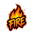 Fire text graphic with stylized flames rising from the letters.