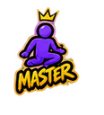 A purple stick figure sitting cross-legged wearing a gold crown above the text MASTER in a yellow graffiti font.
