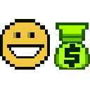 A yellow pixelated smiley face with a wide grin next to a green pixelated money bag.