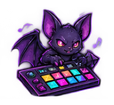 A cute purple bat with glowing eyes playing a colorful MIDI controller with musical notes floating nearby.