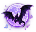 A black bat flying in front of a large purple moon with musical notes floating around it.