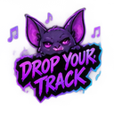 A purple bat with glowing eyes peeks over the text 'DROP YOUR TRACK' with musical notes in the background.