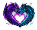 Two dragons, one purple and one blue, curve their necks together to form a glowing heart shape against a dark background.