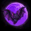 A cute bat flapping its wings in front of a glowing purple moon.