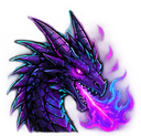 A dark dragon with glowing eyes breathing a stream of bright purple and blue fire.