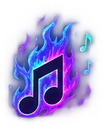 A musical note surrounded by glowing blue and purple flames with smaller musical notes floating nearby.