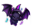 A small purple bat wearing large headphones with musical notes floating around it.