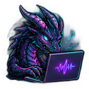 A dark dragon with glowing eyes typing on a laptop with a purple audio waveform on the screen.
