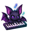 A cute purple bat with large eyes playing a small keyboard with musical notes floating above it.