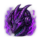 A purple dragon wearing headphones surrounded by magical purple flames.