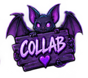 A cute purple bat with glowing eyes holding a wooden sign that says COLLAB with a small purple heart underneath.