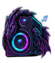 A purple dragon coiled around a glowing neon speaker with a music note icon.