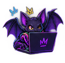 A purple bat with a crown on its head typing on a laptop with a glowing crown logo.
