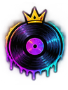 A black vinyl record wearing a golden crown with neon purple and blue paint dripping down the sides.