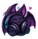 A cute purple bat with a happy expression wearing large headphones with a small pink heart floating nearby.