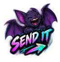 A purple bat winks and laughs with the text SEND IT and an arrow pointing right.