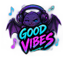 A purple bat wearing headphones winking with musical notes floating around it and the text Good Vibes.
