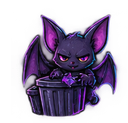 A small purple-eyed bat creature with wings sitting inside a trash can looking mischievous.