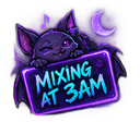A cute purple bat winks while holding a glowing blue neon sign that says MIXING AT 3AM under a crescent moon.
