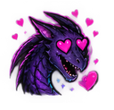 A purple dragon with heart-shaped eyes and floating hearts around its head.