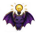 A cute purple bat with large eyes and a glowing yellow lightbulb floating above its head.