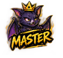 A purple bat wearing a golden crown with the word MASTER written in bold yellow letters below it.