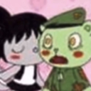 Flippy from Happy Tree Friends looks shocked while being kissed by another character against a pink background.