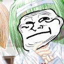 An anime character with green hair wearing a white trollface mask over their face.