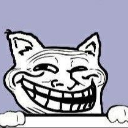 A cat with a wide, mischievous trollface grin looking over a ledge.