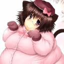 An anime cat girl wearing a pink plush cat suit with ears and a bow, looking soft and round.