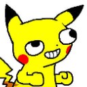 A yellow cartoon creature with a wide, toothy grin looking upward with large, misaligned eyes.