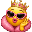 A yellow smiley face wearing a gold crown, pink cat-eye sunglasses, and a pink feather boa, blowing a kiss.
