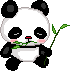 A small pixel art panda with pink cheeks happily chewing on a green bamboo stalk.