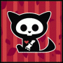 Three black cats with white skull faces and small red hearts on their chests are arranged in a row against a red striped bac…