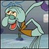 Squidward Tentacles dancing with a wide, happy grin on his face.