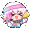Anime girl with pink hair and a headband looking flustered with eyes closed in a pixel art style.