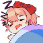 A sleepy anime girl with a red bow resting her head on a blue blanket with Z symbols floating above her.