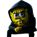 SpongeBob wearing a black hoodie with a serious, stoic expression.